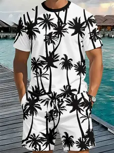 Men's Coconut Grove Silhouette Vacation 3D Digital Print Two-Piece Set, 2Pcs, Trendy and Fashionable Set, Trendy Retro Casual Two-Piece Set, Vacation Style Trendy Outfit, Breathable Sporty Casual Style, a Perfect Holiday Gift for Men