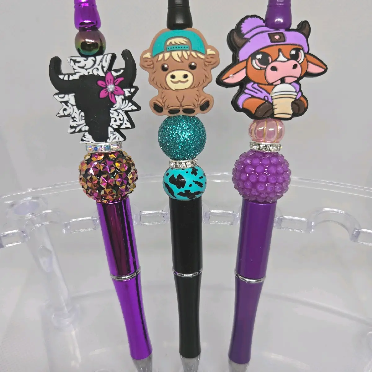 Purple Teal Highland Cow and Purple Black Longhorn Cow Bling and Beaded Pen ideal gift