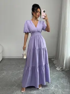Women's Plain Ruffle Trim Dress, Elegant Chic Fashion Casual V Neck Long Dress for Daily Outdoor Wear, Women's Dress for Summer, Womenswear