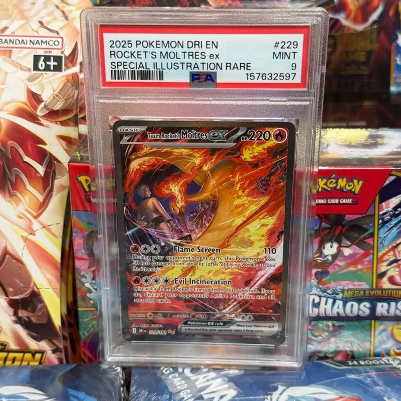 PSA 9 MINT Rocket’s Moltres ex, 2025 Pokémon DRI EN Special Illustration Rare Graded Card #229