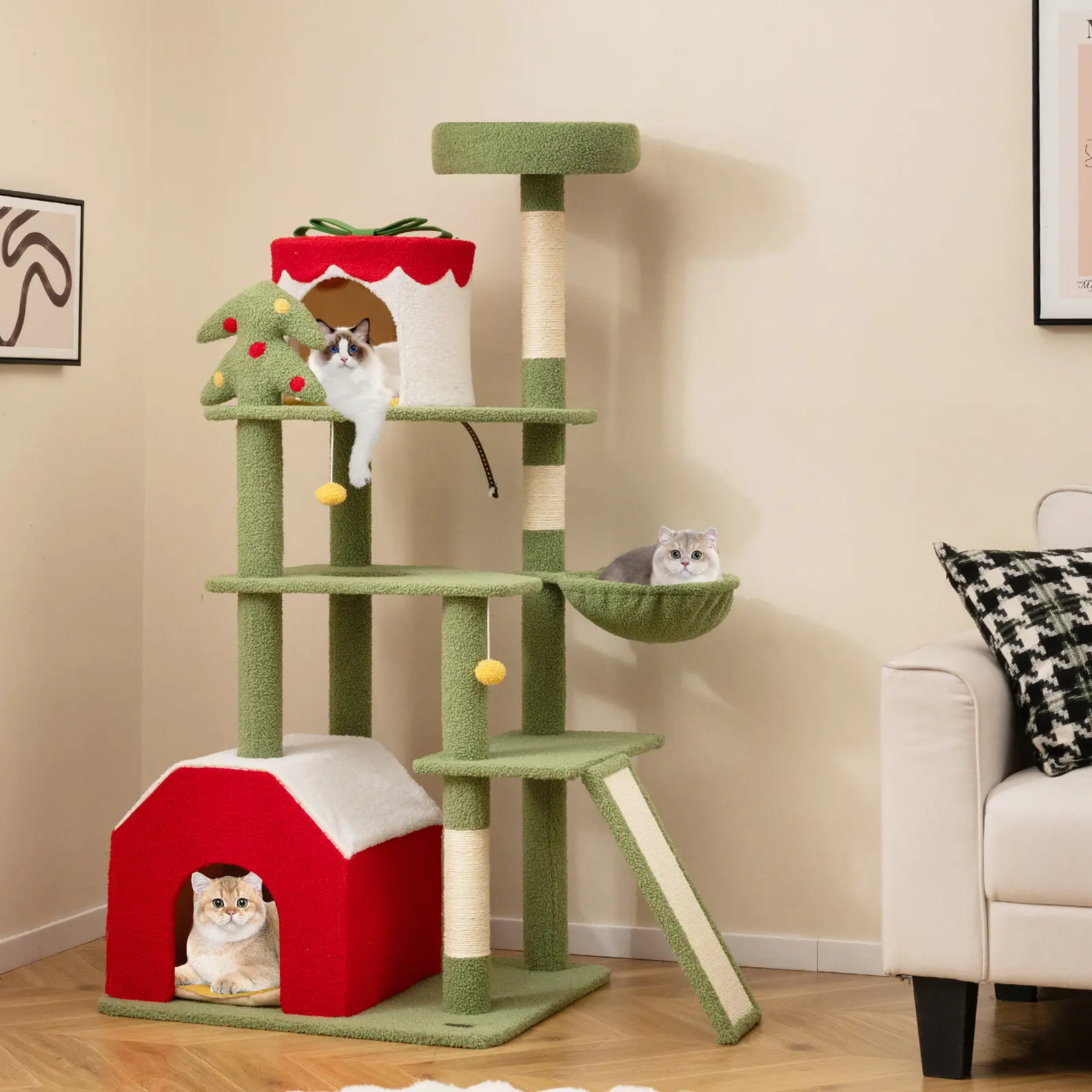COSTWAY - 61 Inches Cute Christmas Cat Tree with Sisal Scratching Posts and 2 Condos-Green