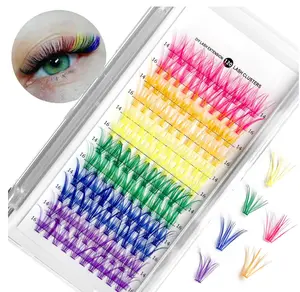 Colored Lash Extension Kit 120 Pcs DIY Lash Clusters Individual 14mm 16mm Mixed 6 Colors Soft False D Curl Eyelashes Rainbow Colorful Cluster Lashes Reusable Fluffy Lash for Women Girls