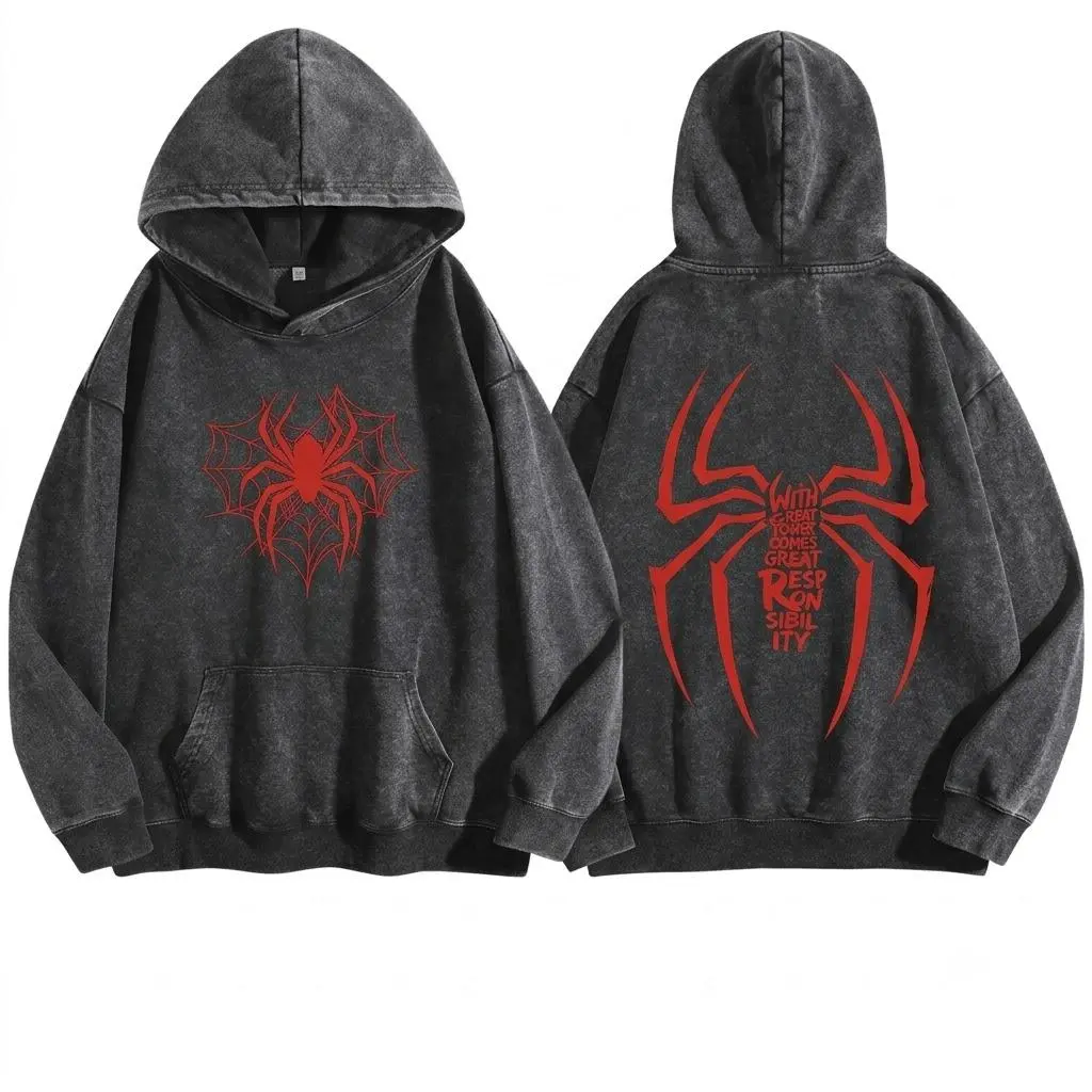 Red Spidey Graphic Oversized Washed Hoodie, Vintage Acid Wash Streetwear Tee, Front and Back Spidey Symbol T-Shirt, Gothic Spidey Graphic Tee, Unisex Casual Fashion Gift