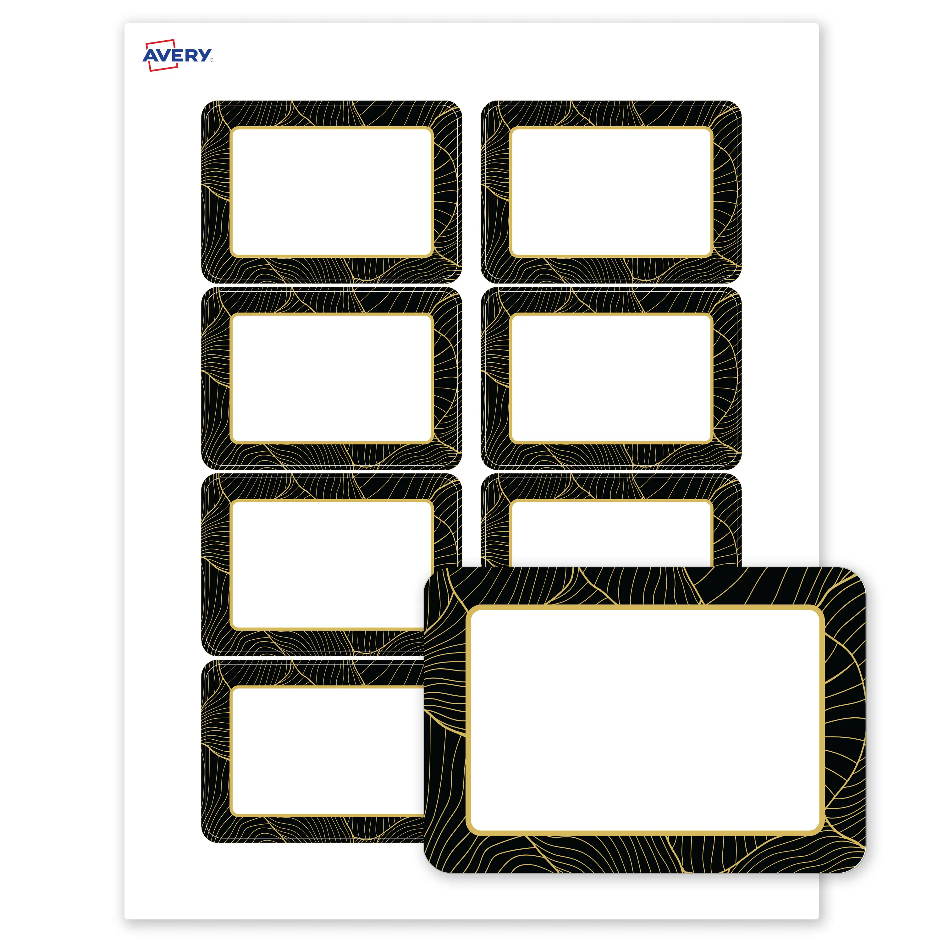 Avery® Printable Rectangle Adhesive Name Badges, Pre-Printed Black Border with Gold Pattern, Matte White, 2-1/3" x 3-3/8", Laser & Inkjet Compatible, 80 Total, Great for Branding, Marketing, and Events