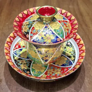Vibrant Floral Gilded Artisan Gaiwan Teacup Set - Hand-Painted Porcelain Tea Cup with Saucer