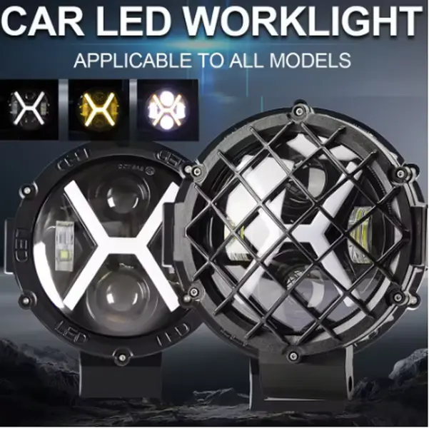 7 Inch Round LED Work Light with X-Shaped DRL Halo, 40W Offroad Driving Spotlight Fog Lamp, 12V 24V Waterproof Auxiliary Headlight for Jeep, Truck, Tractor, 4x4 SUV ATV UTV Boat, 1/2 Pack