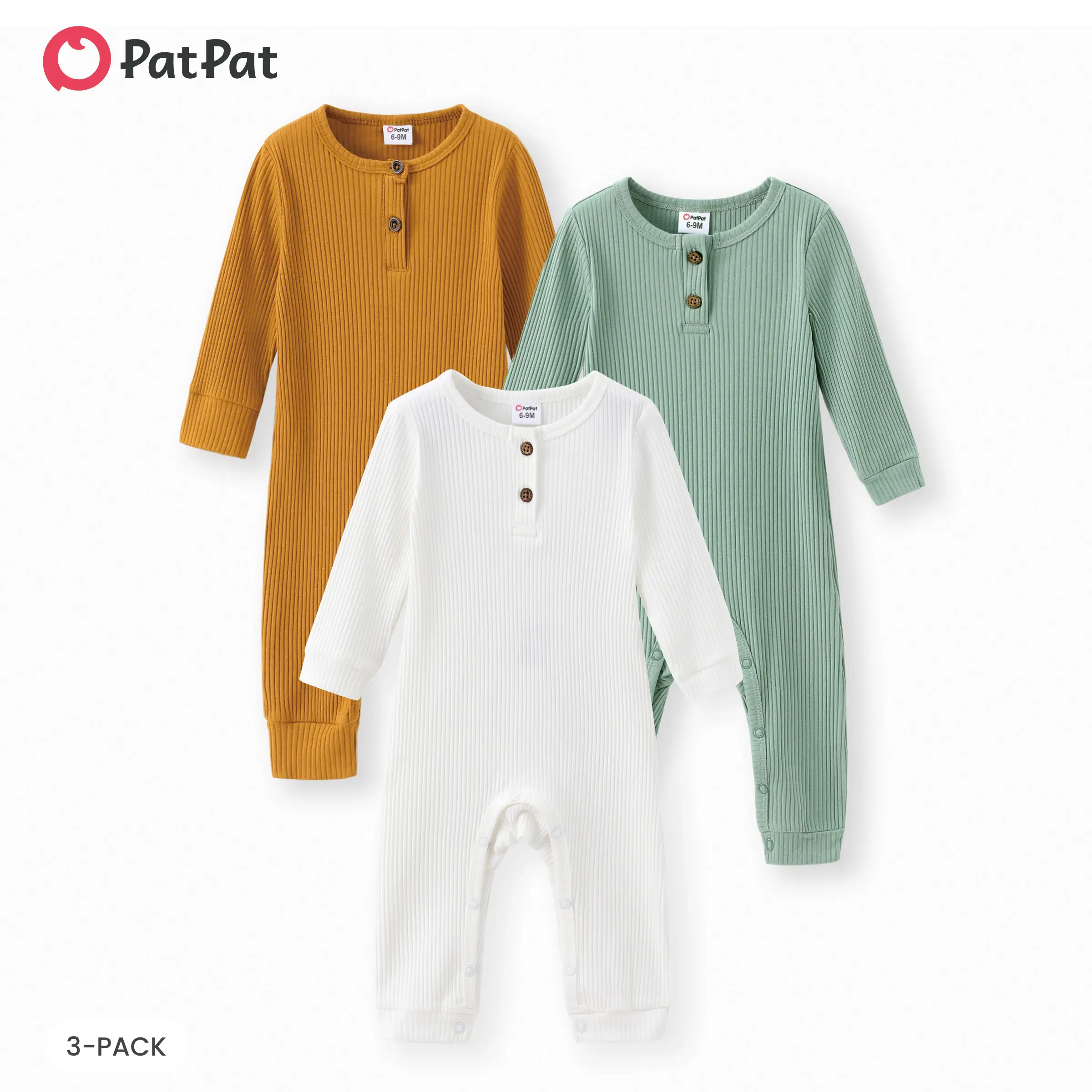 PatPat Little Cozy - 3-Pack Baby Boy/Girl Cotton Ribbed Long-sleeve Button Up Jumpsuit