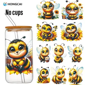 10pcs Cute Bee Sunflower Pattern UV DTF Heat Transfer Funny Stickers, 3D Crystal Decals, Easy to Use, Vivid Colors, Perfect for Glass Cups, Mugs, Thermoses