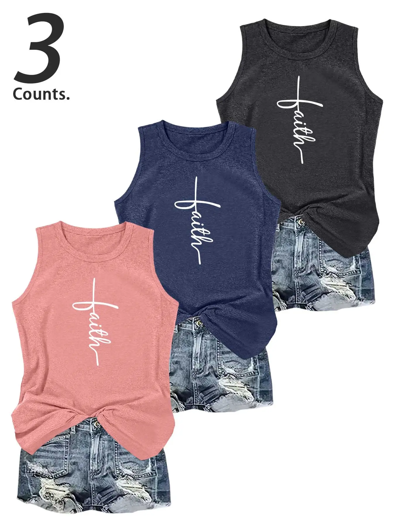 Women's  Round Neck Letters Printed Tank Sleeveless Top, Casual Sleeveless Top for Summer, 3 Pieces Tanks Ladies Clothes for Daily Wear