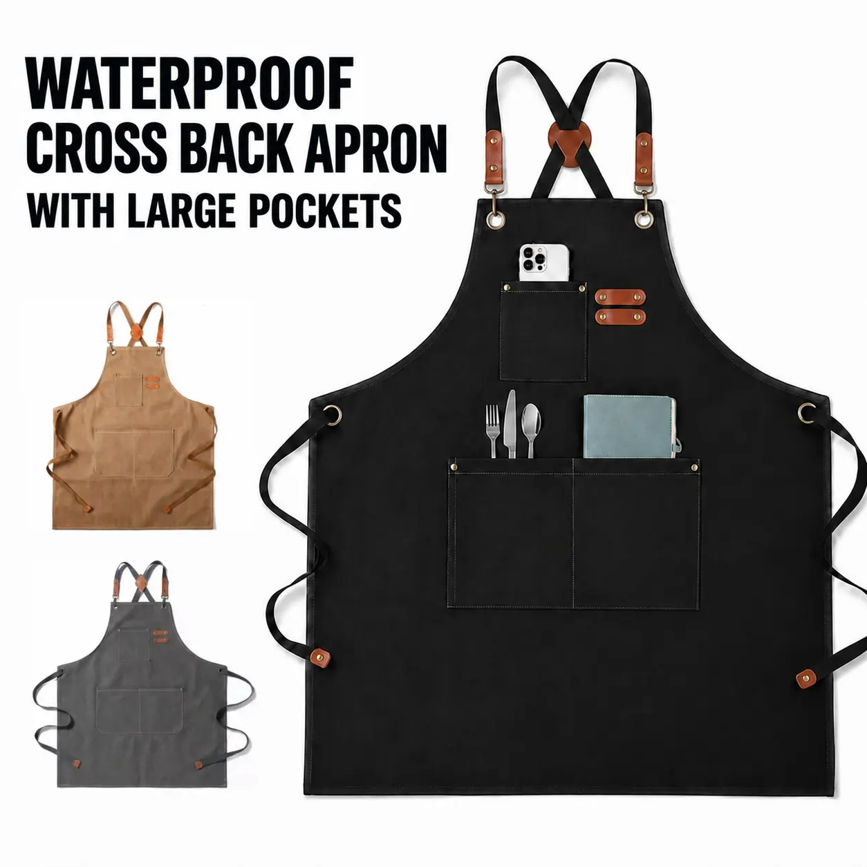 MIUVA Women's Reusable Waterproof Abrasion Resistant Dirt Resistant Lightweight Polyester-Cotton Canvas Apron - Adjustable Cross Back, Multi Pocket, Kitchen Cooking Aprons for Painting, Baking, Dirt Resistant Apron