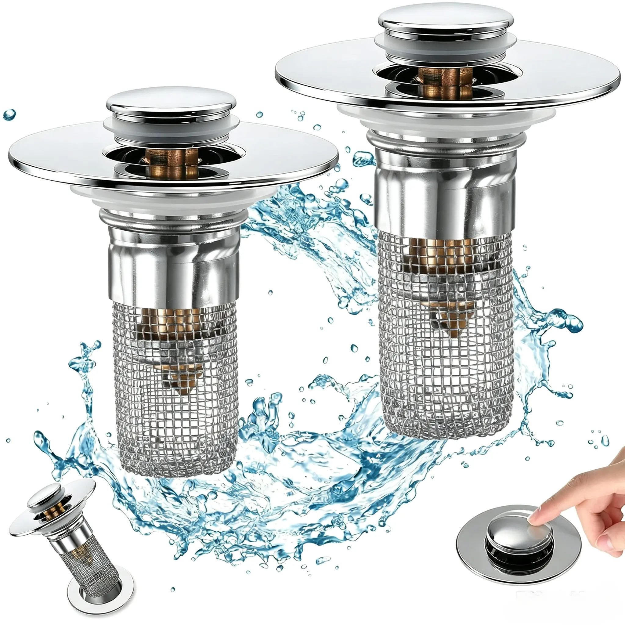 2-Pack Bathroom Sink Drain Strainer Stopper,Durable Pop-Up Removable Stainless Steel Hair Catcher Basket with Brass Core for Bathroom Sink Replacement