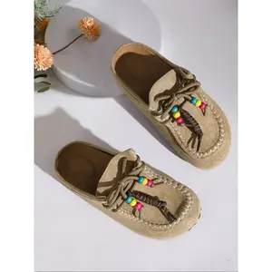 2025 New Women's Round-Toe Cork suede Clog Mules –Boho Beaded Suede Tassel Mules – Women’s Vintage Slip-On Clogs with Arch Support, Soft Cork Sole, and Colorful Beads – Cozy Fall Flats for Walking & Home Foot Clogs
