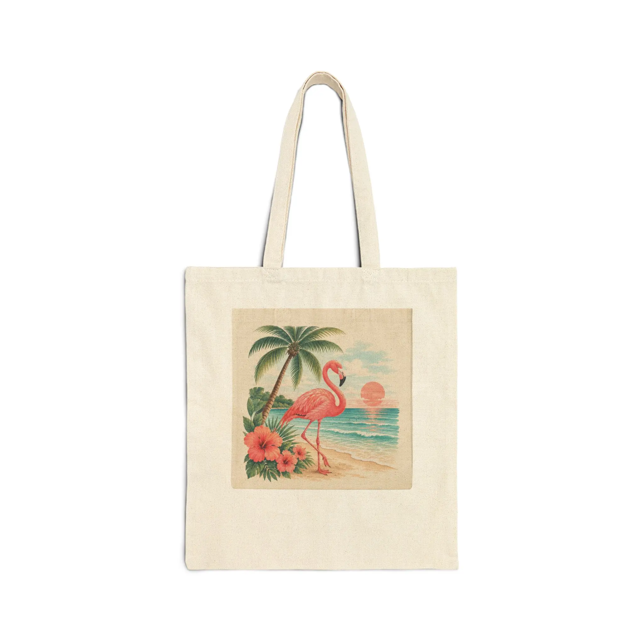Tote Bag - Vintage Flamingo Beach Canvas Tote (Palm Trees, Sunset & Hibiscus)