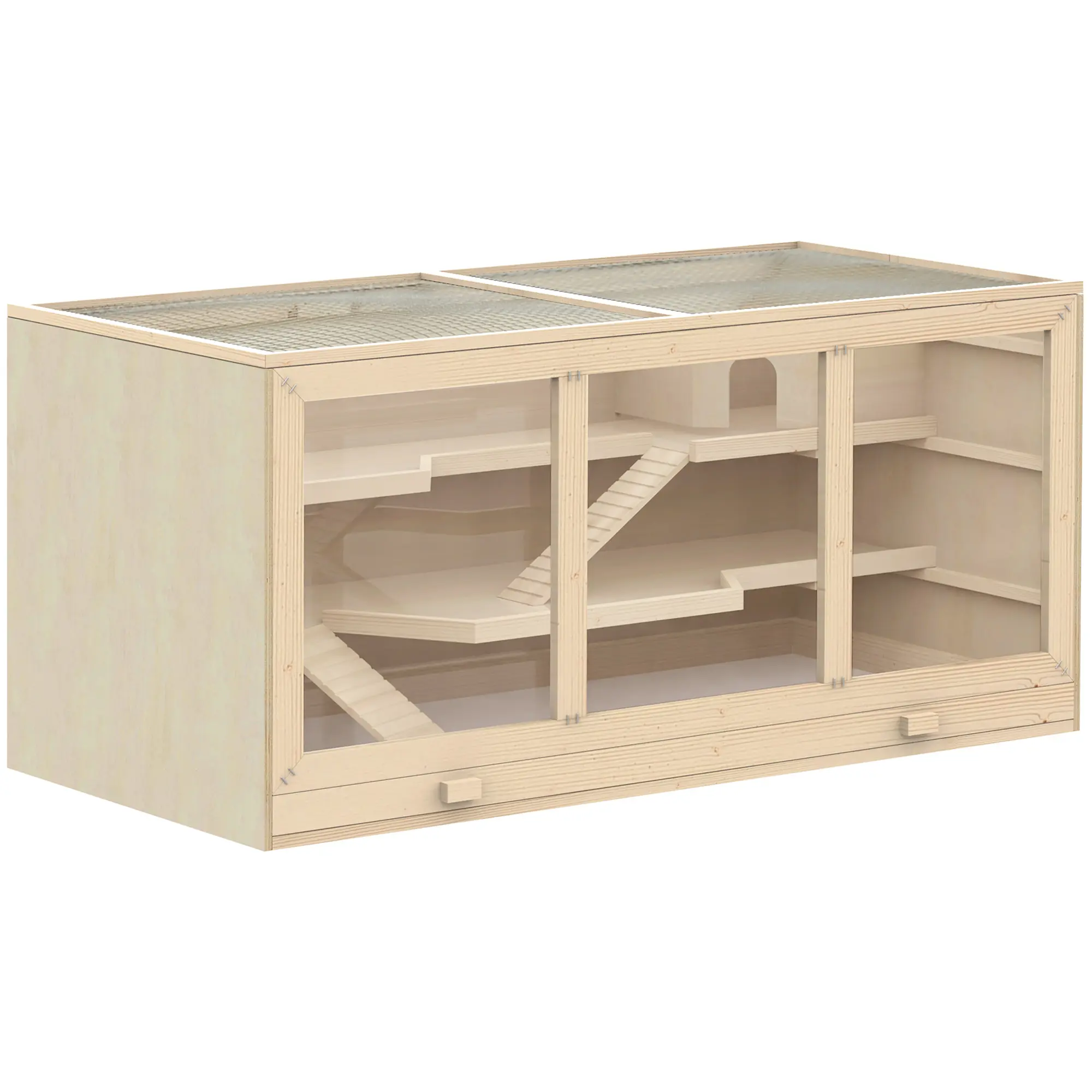 PawHut Extra Large Wooden Hamster Cage, Gerbil Cage, and Other Small Animal Habitat, Hamster Habitat with Opening Roof, Hut, Ramps, Natural