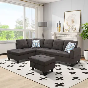 Dark Brown Fluffy Fabric Sofa Set, Soft Plush Modern Living Room Furniture