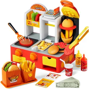 Restaurant Play Food Set Toy, 40+ PCS Fast Food Playset with Potato Cutter, Simulated Frying Effect & Lights, Order, Card & Drink Station, Interactive Role Play Toy Easter Birthday Gift