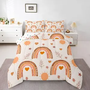 Kids Cute Boho Rainbow Comforter Set,Boys Girls Bohemian Stars Sun Bedding Set,Nature Botanical Leaf Bedding,Cartoon Hearts Yellow Quilt