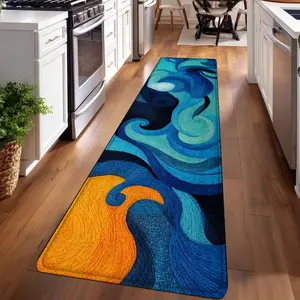 1PC， Blue Orange Abstract Wave Painting Patterned strip rugs, home décor, bathroom mats, entryway mats, bathroom non-slip mats, indoor entrance rugs, bedroom bedside mats, kitchen mats, hallway rugs, flannel sponge rugs, hallway runner rugs
