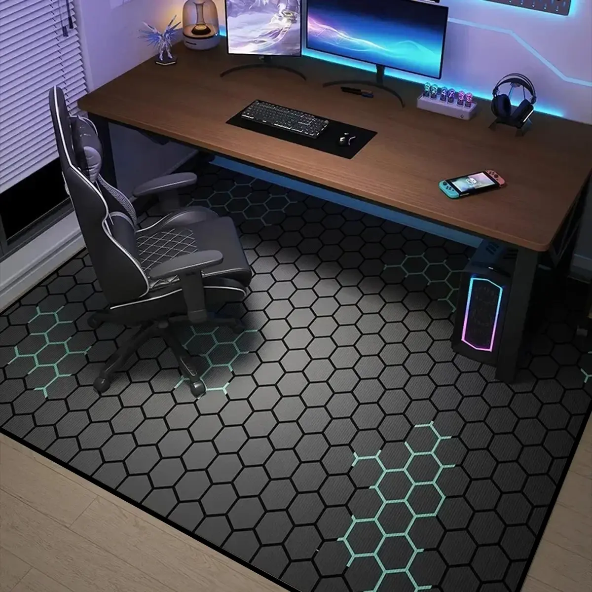 E-sports room decorative carpet, Cyberpunk style, Cool honeycomb grid, Large swivel chair floor mat, Suitable for decorating study rooms, living rooms, bedrooms, leisure areas, and e-sports rooms, Game room, boys' bedroom, Gaming Rugs, Home Decor Rug