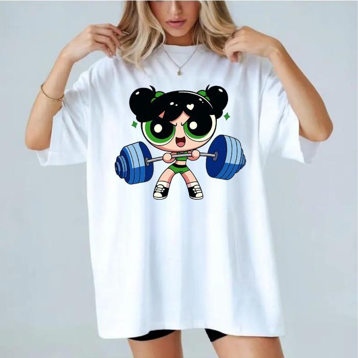 Youth & Adult Blossom #Powerpuffff Girls Gym Shirt, Cute Fitness Tee for Girls, Cartoon Hero Workout Top Gift Idea, Nice Unisex Graphic Tees, Cute Weightlifting Cartoon Shirt
