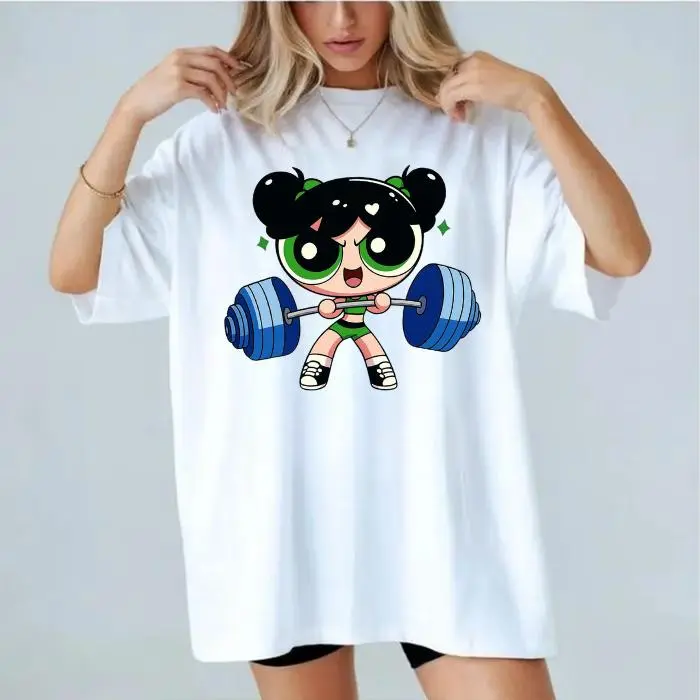 Youth & Adult Blossom #Powerpuffff Girls Gym Shirt, Cute Fitness Tee for Girls, Cartoon Hero Workout Top Gift Idea, Nice Unisex Graphic Tees, Cute Weightlifting Cartoon Shirt