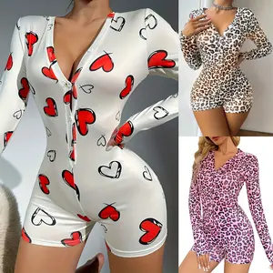 One-piece pajamas, long-sleeve jumpsuit, loungewear, new leopard print button V-neck, sexy and hot, slim fit, elegant pink.
