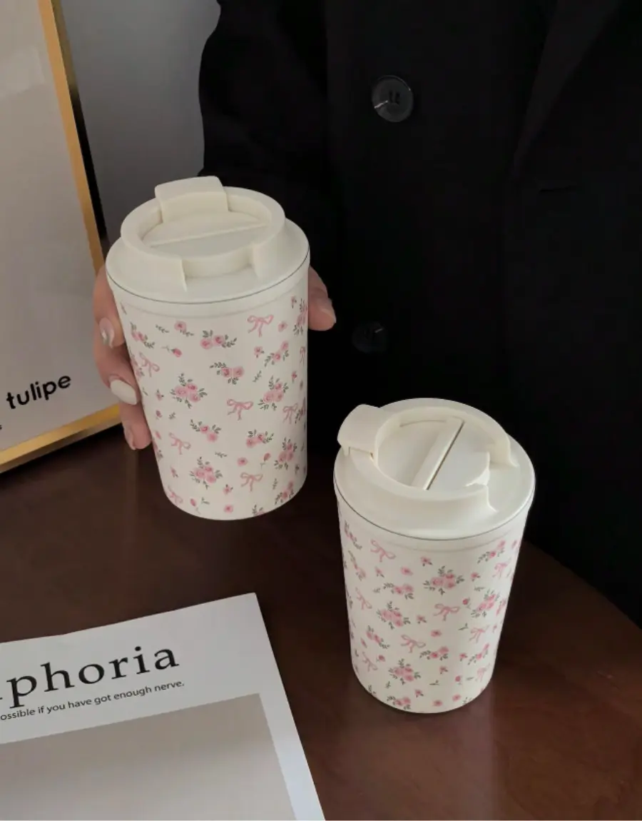 350ml Bow Rose Floral Stainless Steel Insulated Water Bottle Double Wall Travel Mug for Gym Car Office