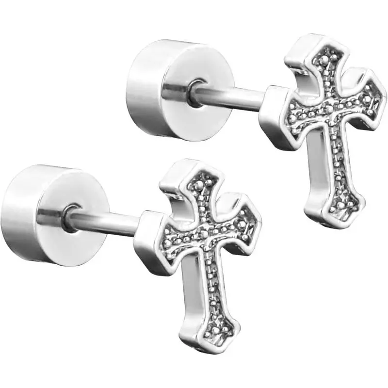 Titanium Steel Studded Cross Earrings for Women, Vintage Cross Shape Studs with Synthetic Diamonds and Flat Screw-Backs, Female
