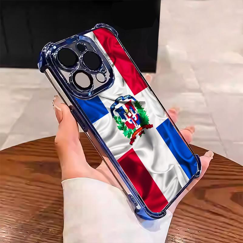 Dominican Pattern Red White Blue Creative Collage Design Suitable for Aesthetic Electroplated TPU Casing For iphone 17 16 15 14 13 12 11 X XS PRO PLUS MAX AIR Samsung S25 S24 S23 Four Corners Anti-Fall Transparent Casual Soft Silicone Phone Cases  L1804