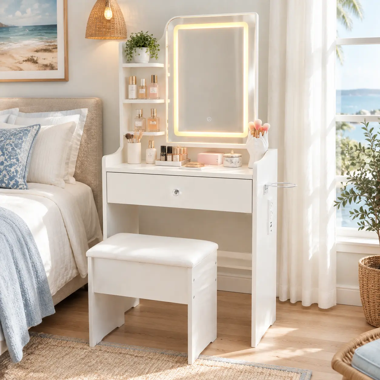Compact makeup table includes LED mirror and storage drawers; white vanity set ideal for small bedrooms; suitable for teens and adults; ideal for home dressing rooms or bedrooms big furniture metal stable panel fold-up usb drawer