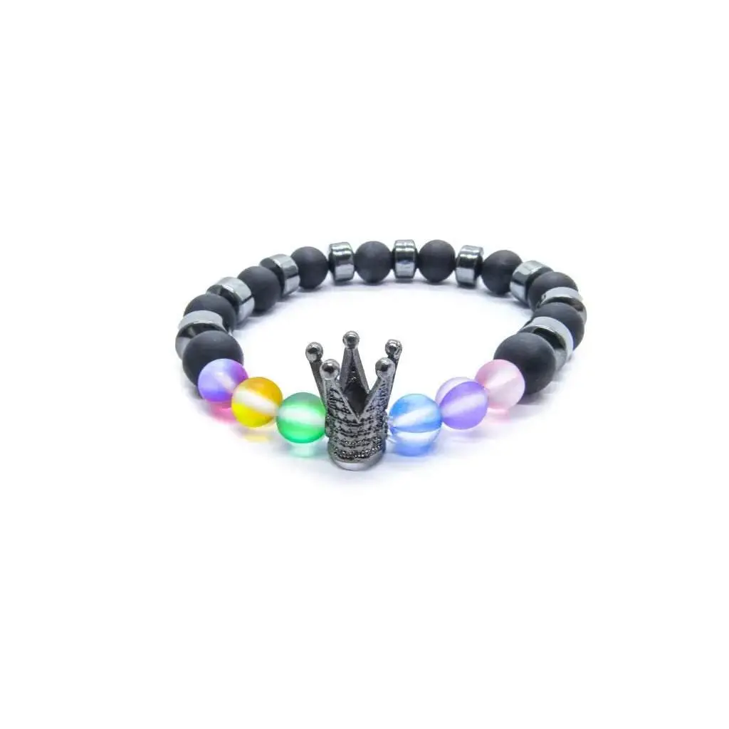 Rainbow Pride Bracelet with Crown Bead • Unisex Subtle LGBTQIA+ Pride Themed Costume Jewelry • Fashion Accessory Bracelet • Adjustable Stretch Design