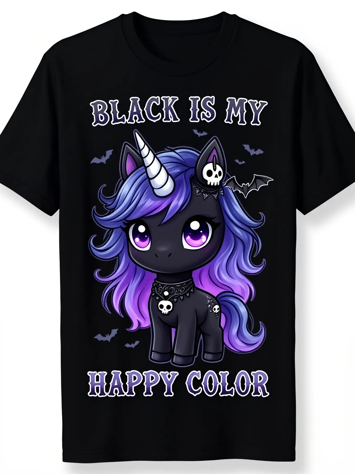 Cute Chibi Unicorn Black TShirt with Kawaii Skull unisex soft cotton short sleeve t shirt, vintage graphic casual tee for men women teens, perfect birthday holiday gift for camping travel gym daily street  wear