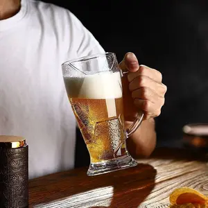 World Cup Ready Large Football Beer Glass with Handle - Durable Heavy Base Clear Glass Mug for Cold Beer, Iced Coffee & Watch Parties