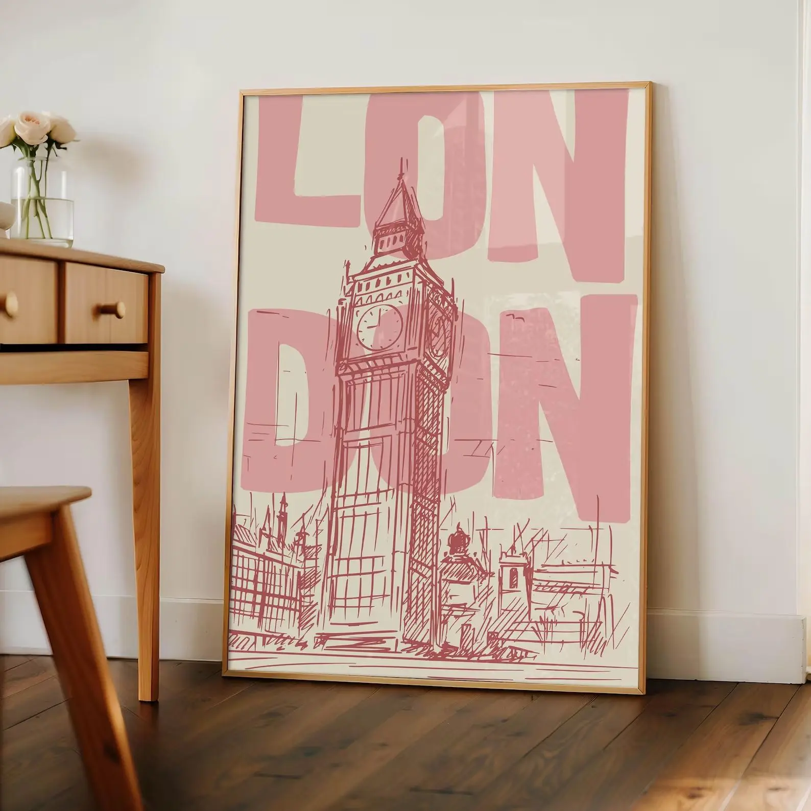 [SALE UP TO 30%] Vintage London Art Print, Pink Big Ben Poster, Retro Cityscape Wall Art, Digital Download, Printable Home Decor