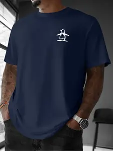 Men's Casual Round Neck Fitted Short Sleeve Tee, Trendy Style Summer Outdoor T-Shirt, New Arrival with Unique Penguin Print Knit