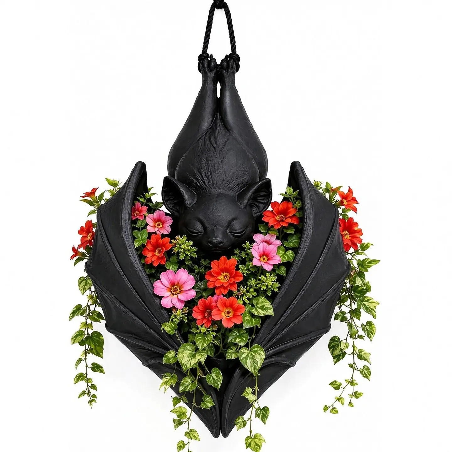 Hanging Bat Plant Pot, Halloween Planter Gothic Hanger Holder,Bat-Shaped Hanging Design, Flower Basket Black Bats Vase Garden Bowl for Succulents, Spooky Halloween Planter