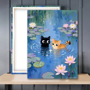 1pc Wooden Framed, Monet Water Lilies with Cat Wall Art Canvas Painting, Vintage Playful Black Cat & Orange Cat Posters and Prints, For Bathroom, Bedroom, Office, Living Room, Wall, Room, Home Decoration, Perfect Gift Idea, Instantly Enhance Your Space!