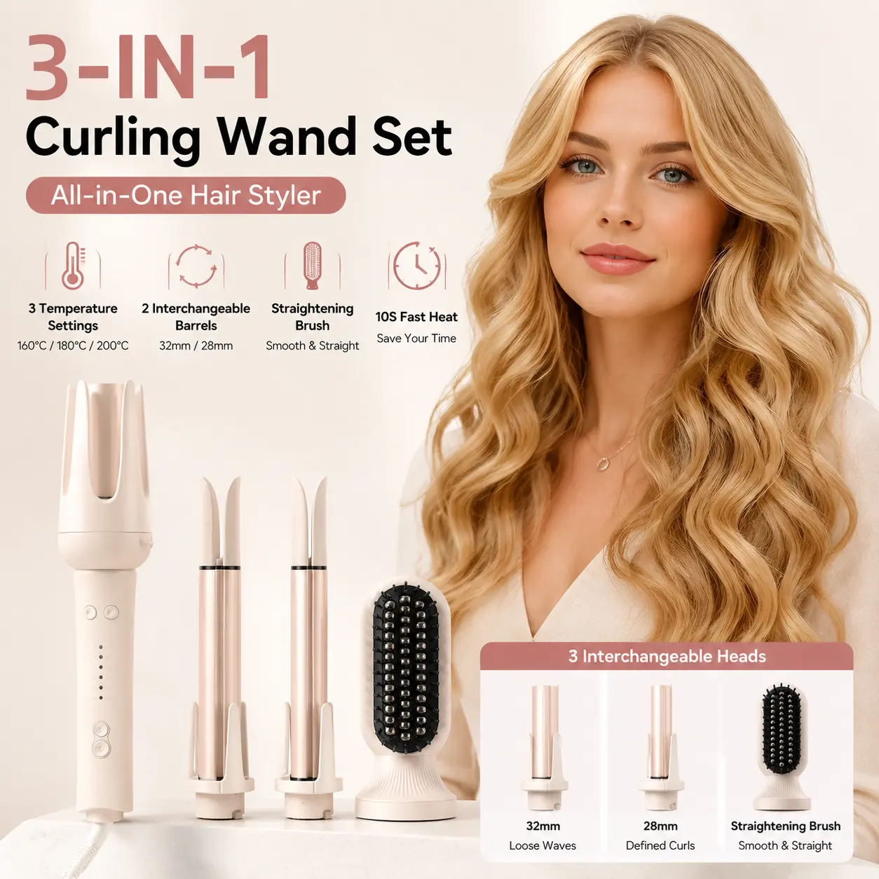 Fully Automatic Hair Curler with 3 Interchangeable Heads, 28mm/32mm Curling & Straightening Wand, 3 Temperature Settings, 110-240V Dual Voltage Lazy Hair Styling Tool