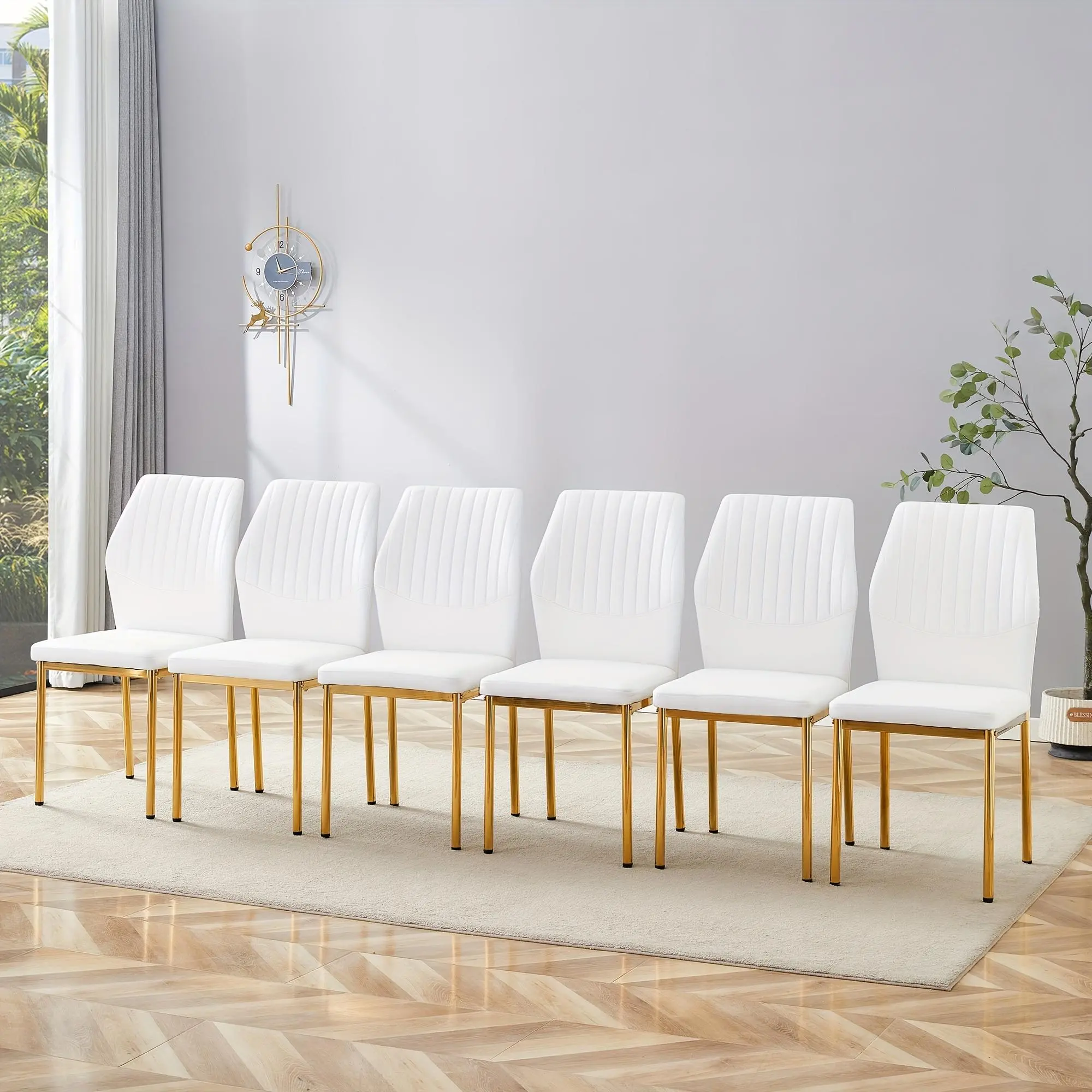 MUUOKY Luxury Upholstered Dining Chairs Set of 6 - High-Resilience PU Leather Chair with Vertical Stripes, Curved Back for Spinal Support, Metal Legs, Easy Installation for Modern Home & Office Decor, Local Warehouse Stock