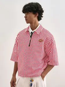 Tokyo Badge Striped Half-Zip Polo Shirt, Fitted Vintage Street Style, College Wind Top, Comfortable Casual Wear, Daily Street Fashion Essential