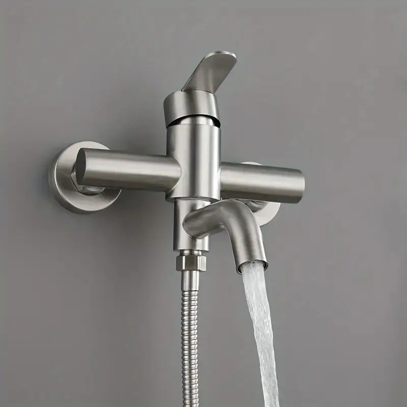 A Brushed Triple-Handle Stainless Steel Bathroom Sink Shower Mixer Faucet with Hot and Cold Control, Wall-Mounted Dark Entry Design for Bathrooms and Showers