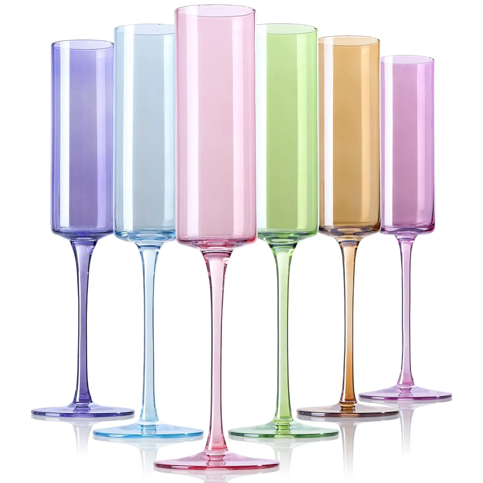 Physkoa Colored Champagne Flutes Set of 6 - Lead-Free Crystal Glasses in Multi-Color for Birthday, Wedding, Bridal Shower Drinkware
