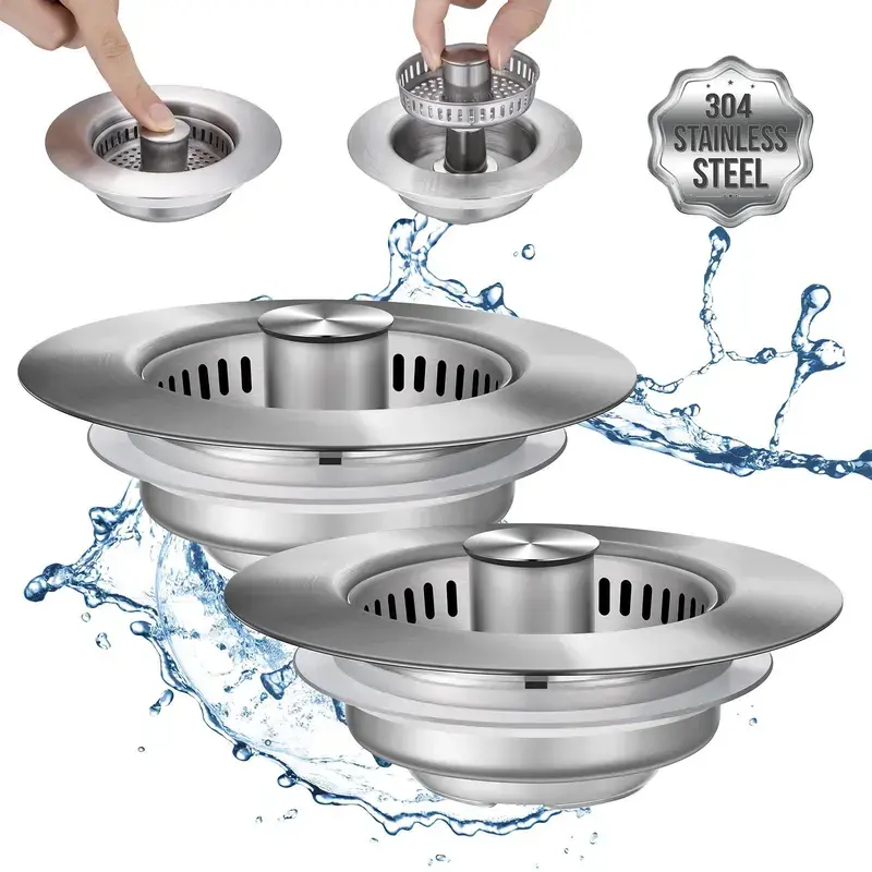 2PCS 3-in-1 Modern Kitchen Sink Drain Strainer - Solid Metal 304 Stainless Steel, US Std Size 3-1/2 Inch, Deodorizing Anti-Clog Basket Strainer with Water Control Sink Plug for Daily Use