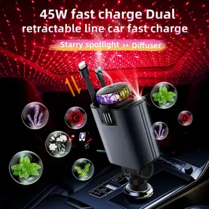 Car Charger，with Starlight Essential Oil Diffuser, Retractable Car ChargerUSB C Car Charger Adapter, Compatible with iPhone 16/16 Pro Max/15/14/13/12/11, Compatible withSamsung Galaxy S24/S23/S22/S21, Car Air Freshener, aromatic fast