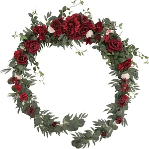 TINGE TIME 8FT Artificial Flower Garland with Scented Card, Handcrafted Eucalyptus Garland with Flowers, Floral Garland for Wedding Decoration Reception Sweetheart Table (Burgundy Red) Decorative Fruit