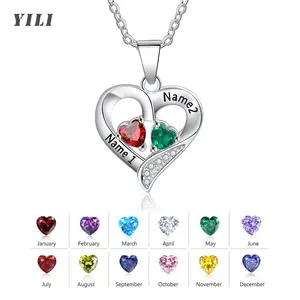 Personalized 2 Names Birthstone Necklace Heart Custom Engraved Name Necklace for Women Wife Grandma Mothers Day Jewelry Gifts