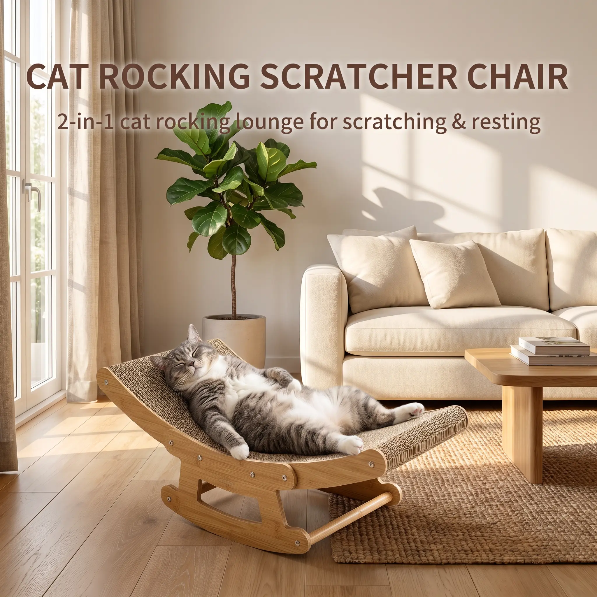 Cat Rocking Scratcher Chair, 2-in-1 Cat Lounge & Scratching Board, Wooden Rocking Cat Bed with Corrugated Cardboard Pad, Cat Scratcher for Indoor Cats