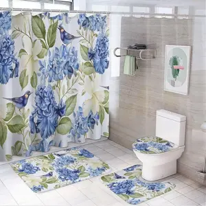 Blue hydrangea pattern design, 4-piece shower curtain set, plant flower bathroom decoration, with carpet (bath mat, U-shaped, toilet lid) and 12 durable hooks, non slip floor mat, waterproof forest shower curtain, polyester fiber