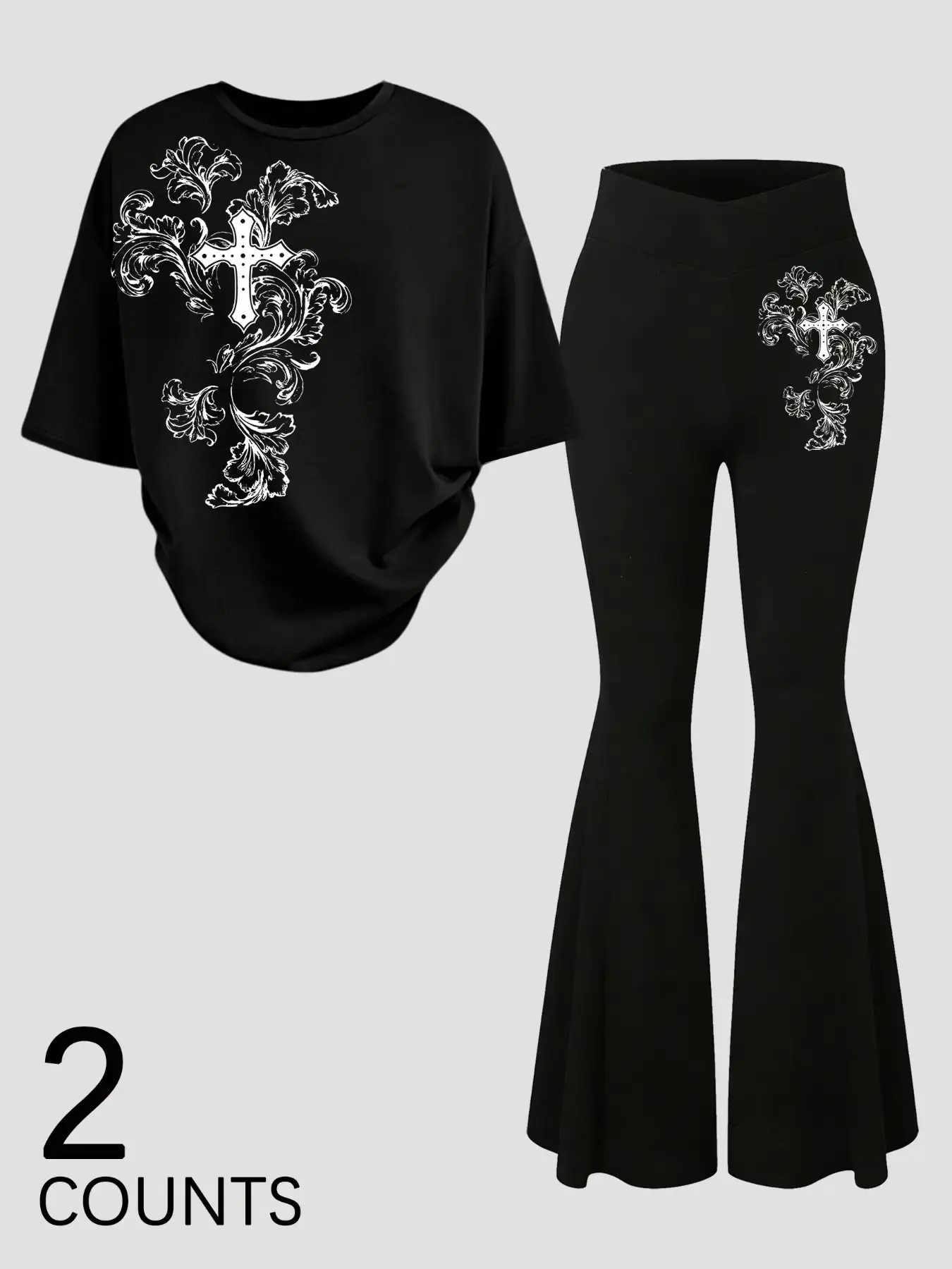 Women's Casual 2-Piece Set, Cross Print, Y2K and American Style, Slimming Effect, Perfect for Vacation and Daily Wear