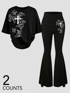 Women's Casual 2-Piece Set, Cross Print, Y2K and American Style, Slimming Effect, Perfect for Vacation and Daily Wear